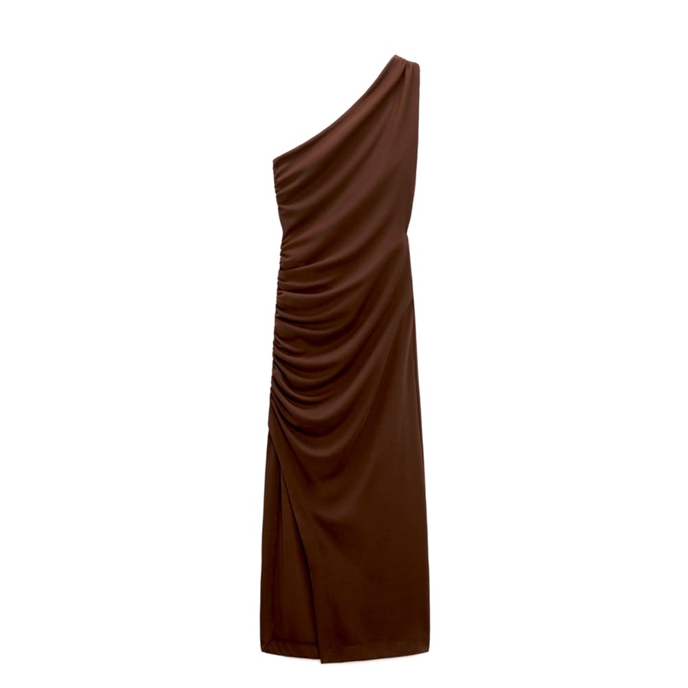 NWT Zara Draped off shoulder asymmetric dress mid length dress in brown Size m